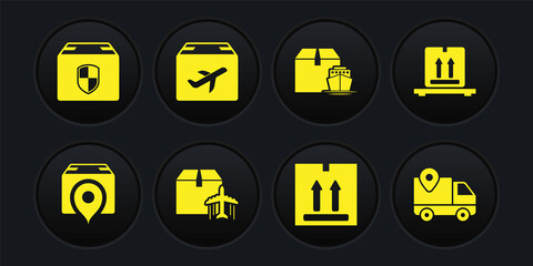Set Location with cardboard box, Cardboard boxes pallet, Plane and, traffic, Cargo ship, Delivery tracking and security shield icon. Vector