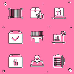Set Barcode, Plane and cardboard box, Cardboard boxes on pallet, Package with check mark, Scanner scanning bar, Scale, Locked package and Placeholder map icon. Vector