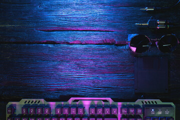 Cyberpunk concept flat lay background with copy space.