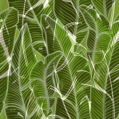 Banana palm leaves modern floral seamless pattern. Digital with watercolour mixed media artwork. Endless motif for packaging, scrapbooking, decoupage paper, textiles and more.