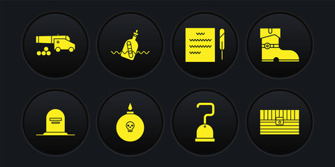 Set Tombstone with RIP written, Leather pirate boots, Bomb ready explode, Pirate hook, Feather pen and scroll, Bottle message in water, Antique treasure chest and Cannon cannonballs icon. Vector