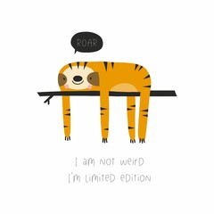 Cute cartoon sloth character - vector illustration. Lettering Quote - normal is so boring. Tropical summer print © NadezdaBarkova