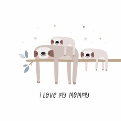 Vector card with cute sloth. Flat style print for kids. Mom and baby cute cartoon sloth character. Mother's Day card. Hand drawn lettering - cool like mom © NadezdaBarkova