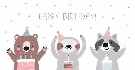 Awesome cute sloth, bear and raccoon in party hats, children's birthday party, birthday cake. Vector illustration of cute animals friends birthday characters © NadezdaBarkova
