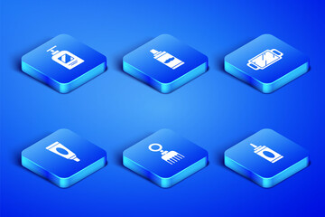 Set Bottle of shampoo, Hairbrush, Cream or lotion cosmetic tube, Shaving gel foam and Hand mirror icon. Vector