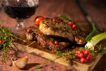 Cooked steak served and ready to eat, meat meal, main dish