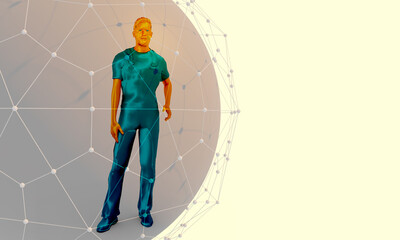 Young man wearing apron on abstract scientific background