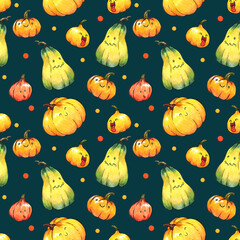 seamless watercolor pattern with funny pumpkins on colored background