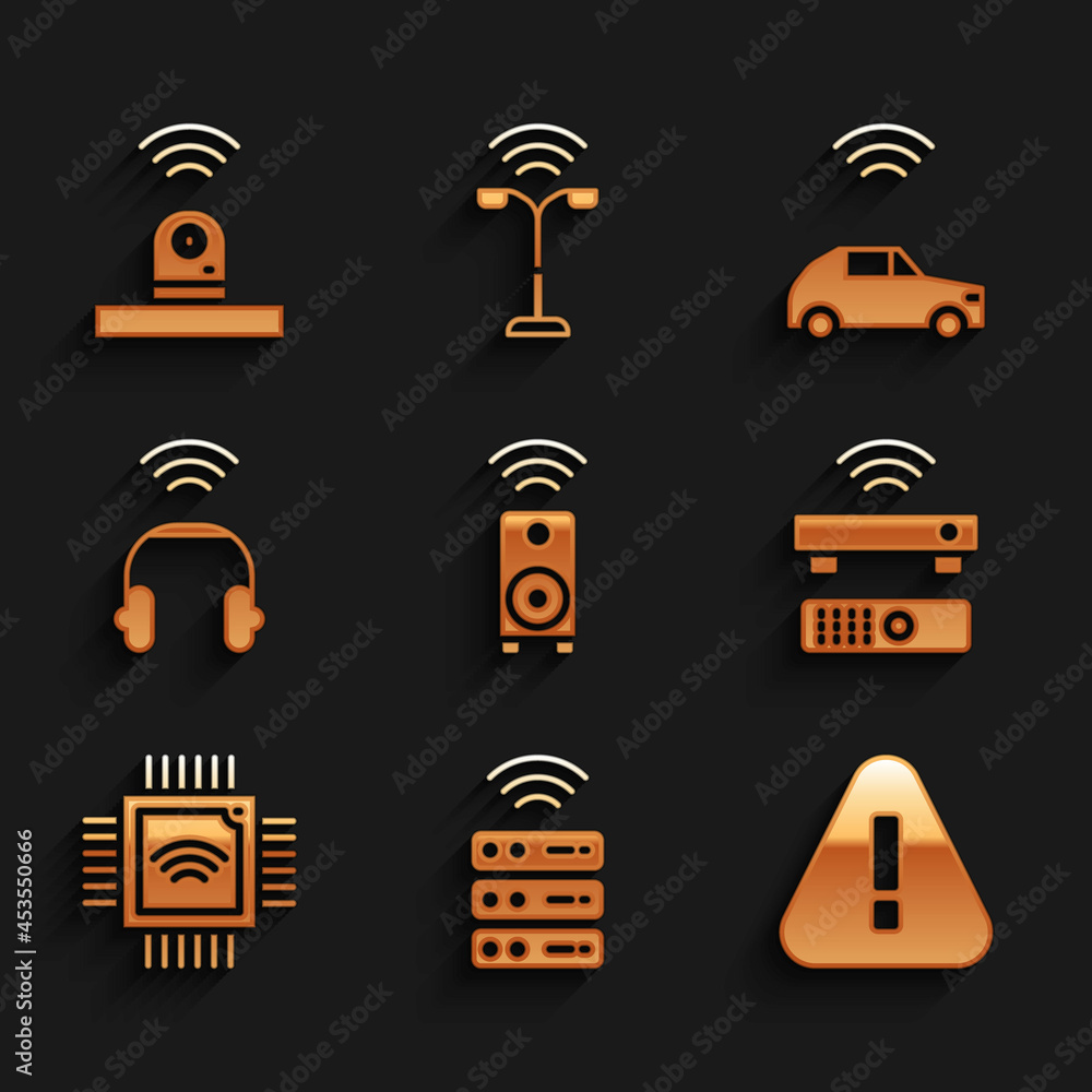 Poster set smart stereo speaker, server, exclamation mark in triangle, wireless tv box receiver, processor 