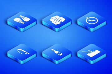 Set Fishing float in water, Rubber flippers for swimming, Bottle of vodka, rod, jacket and Compass icon. Vector