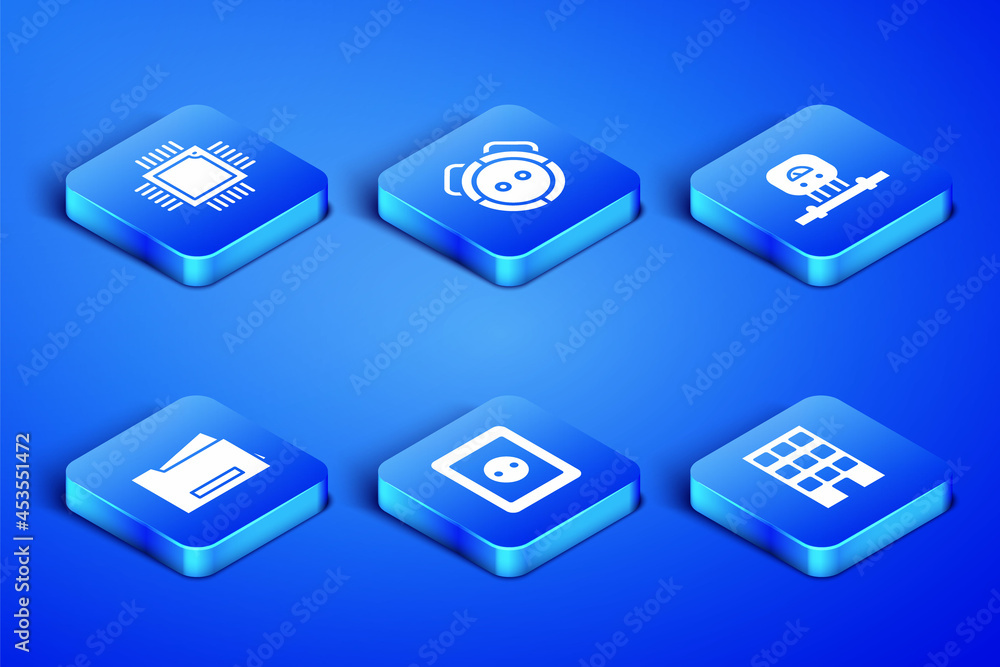 Poster set house, processor with microcircuits cpu, electrical outlet, printer, robot vacuum cleaner and sm