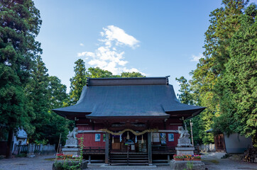 main shrine of sarashina shinto shrine surrounded by tall trees near chikuma river in nagarno prefecture, japan