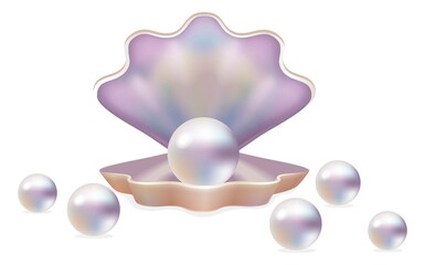 Abstract vector illustration of seashell with pearls. Mother-of-pearl shell and scattered glossy balls around