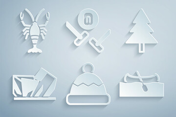 Set Beanie hat, Christmas tree, Royal Ontario museum, Kayak or canoe, Curling sport game and Lobster icon. Vector