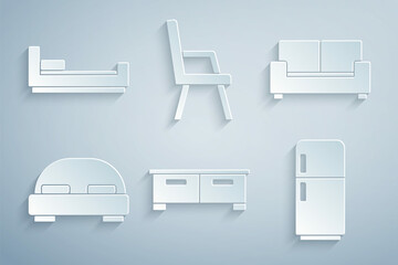 Set Chest of drawers, Sofa, Big bed, Refrigerator, Armchair and Bed icon. Vector
