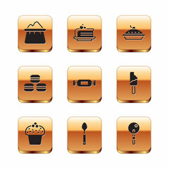 Set Bag of flour, Cake, Spoon, Candy, Macaron cookie, Homemade pie, Lollipop and Piece cake icon. Vector