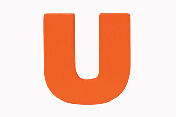 ''U''. Wooden orange tangram puzzle as English alphabet letter "U" shape. English It is a universal language used all over the world. Isolated on white background