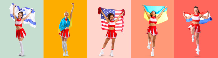 Beautiful cheerleaders with different flags on color background