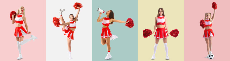 Collage with beautiful female cheerleaders on color background