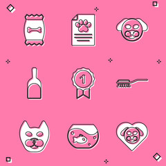 Set Bag of food for pet, Clinical record, Dog, Dustpan, award symbol, Hair brush dog and cat, Cat and Aquarium with fish icon. Vector