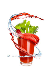 Glass of bloody mary cocktail garnished with cilantro and red chili pepper on white background