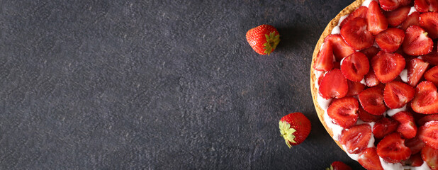 Tasty strawberry pie on dark background with space for text - obrazy, fototapety, plakaty
