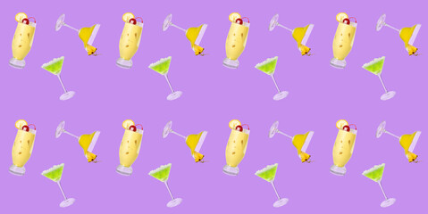 Many daiquiri cocktails on color background. Pattern for design