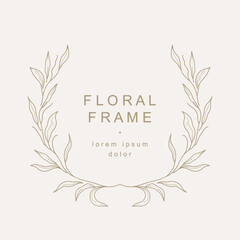 Hand drawn floral frame with a branch with leaves. Elegant leaf logo template. Vector illustration for labels, 
branding business identity, wedding invitation