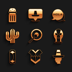 Set Gong, Poncho, Mexican man sombrero, wrestler, Burrito, Cactus, Hola and Salt icon. Vector © vector_v