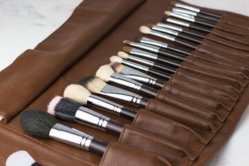 Makeup artist's brushes in a brown case. Side view