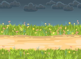 Seamless sandy road. Horizontal border composition. Summer meadow landscape. Juicy grass. Rural rustic scenery. Cartoon design. Flat style art illustration vector