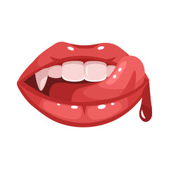 Mouth with a tongue licks teeth.Red vampire lips. Mouth with long canine teeth.