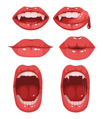 Red vampire lips.  Set of different emotions. Mouths with long canine teeth. Vector cartoon illustration isolated on white background.