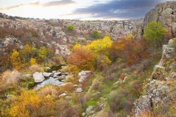 Aktovsky Canyon in Ukraine surrounded large stone boulders