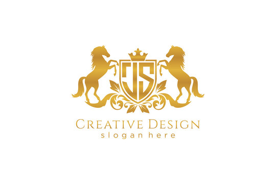 initial JS Retro golden crest with shield and two horses, badge template with scrolls and royal crown - perfect for luxurious branding projects