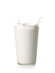 Glass of tasty milk with splashes on white background