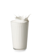 Glass of tasty milk with splashes on white background