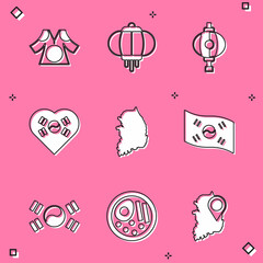 Set Kimono, Korean lantern, Love with heart, South map, flag, and Ramen icon. Vector