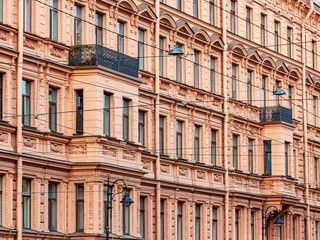 St. Petersburg, Russia, July 27, 2021. Fragment of the facade of a building, in historical part of...