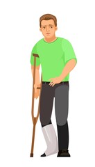 Guy is sick. Leg fracture, plaster cast. Young handsome boy. Sad. In jeans and T-shirt. Painfully. Single is worth it. Cartoon flat style. Illustration isolated on white background. Vector