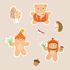 Naklejka premium Vector - Cute set of Teddy bear with pumpkin,green leaves, mushroom, porcupine and tree. Autumn, Fall season. Clip art. Can be use decorate any card, web, print, paper, sticker.