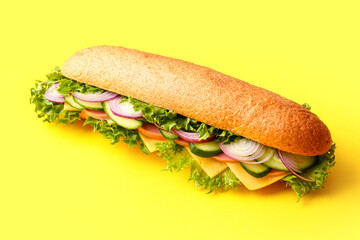 Tasty sandwich on color background