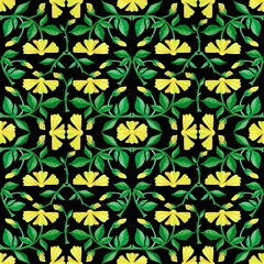 Watercolor seamless pattern with yellow flowers and green leaves, Italian retro mosaic