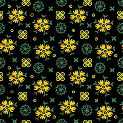 Seamless pattern abstract ornament watercolor yellow flowers and green shapes