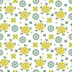 Seamless pattern abstract ornament watercolor yellow flowers and green shapes