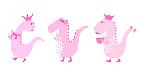 Vector - Pink princess Dinosaur wear boot and scarf dancing on white background. Can be use for print, card, banner, sticker, brochure.