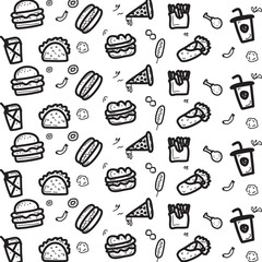 fast food background in doodle style. burger, hotdog, sausage, sandwich in black doodle style on white background