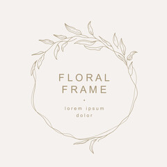 Obraz premium Hand drawn floral frame with a branch with leaves. Elegant leaf logo template. Vector illustration for labels, branding business identity, wedding invitation