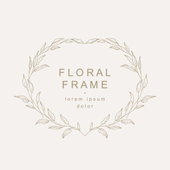 Hand drawn floral frame with a branch with leaves. Elegant leaf logo template. Vector illustration for labels, 
branding business identity, wedding invitation
