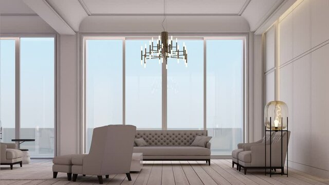 Modern classic White living and dining space with wall panels decoration and wooden floor and big window with sheer curtain 3d rendering